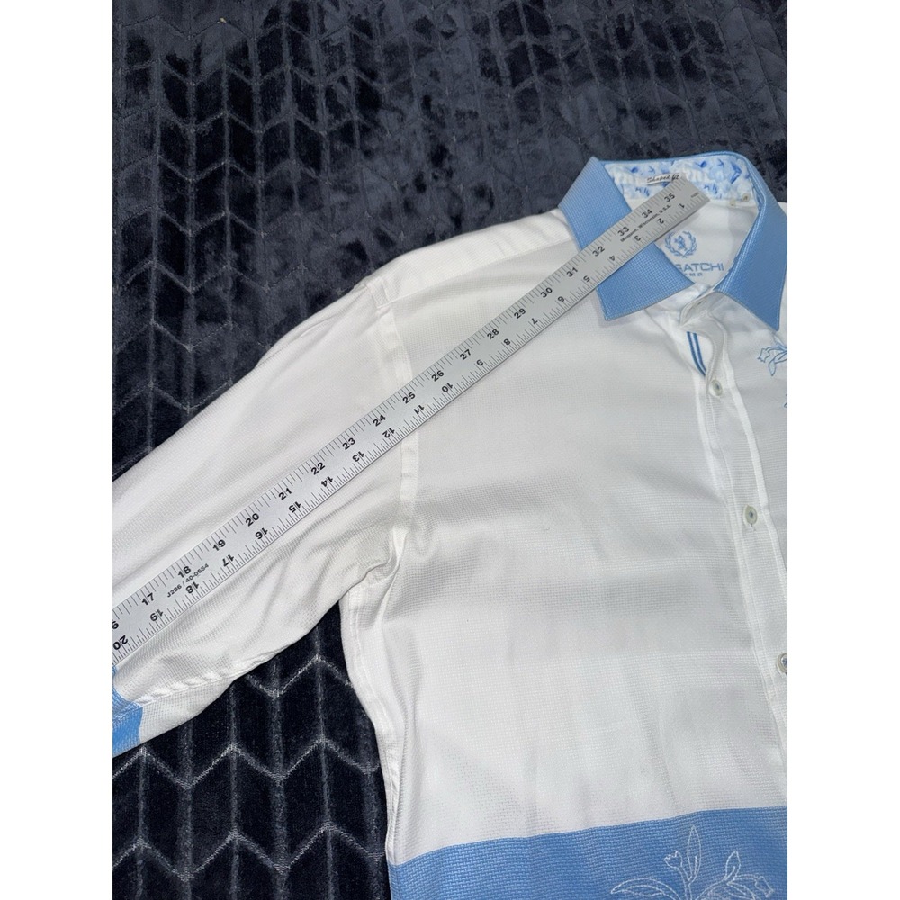 Bugatchi Uomo Men White Blue Floral Embroidered Shaped Fit Button Down Sz M - Picture 9 of 10